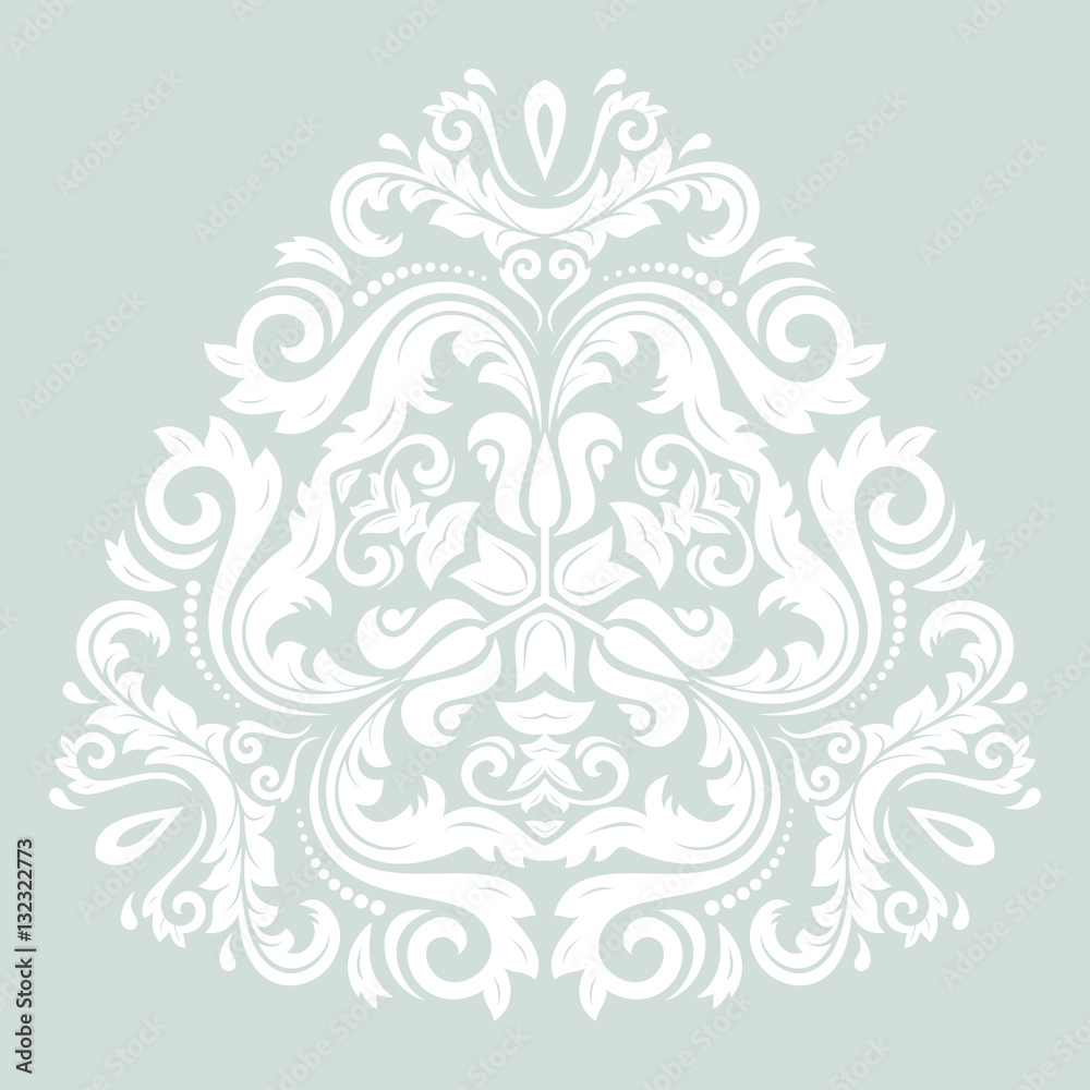 Oriental triangular pattern with arabesques and floral elements. Traditional classic ornament. Light blue and white pattern