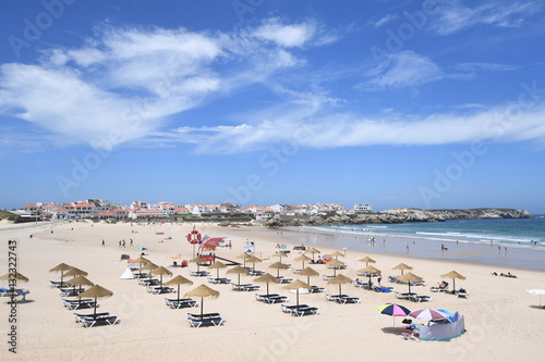 Sun umbrellas on a beach, Peniche, Portugal