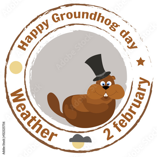 Happy Groundhog Day. Stamp flat style. Celebration of spring. Marmot in the cylinder awoke in his hole.