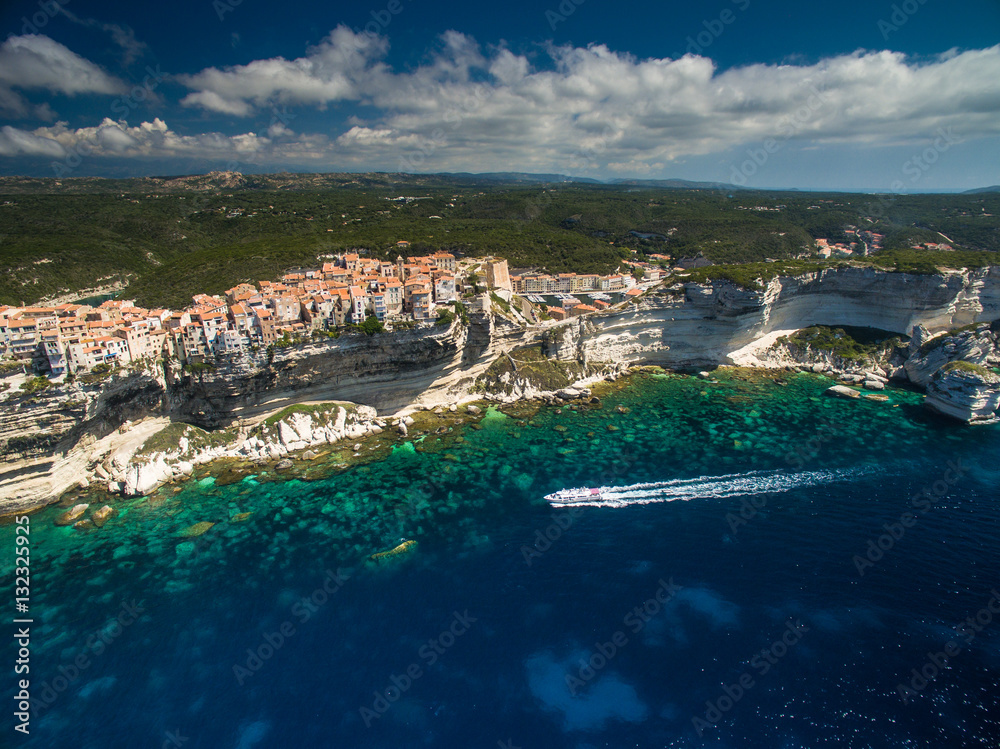 Aerial view of the Old Town of Bonifacio, the limestone cliff