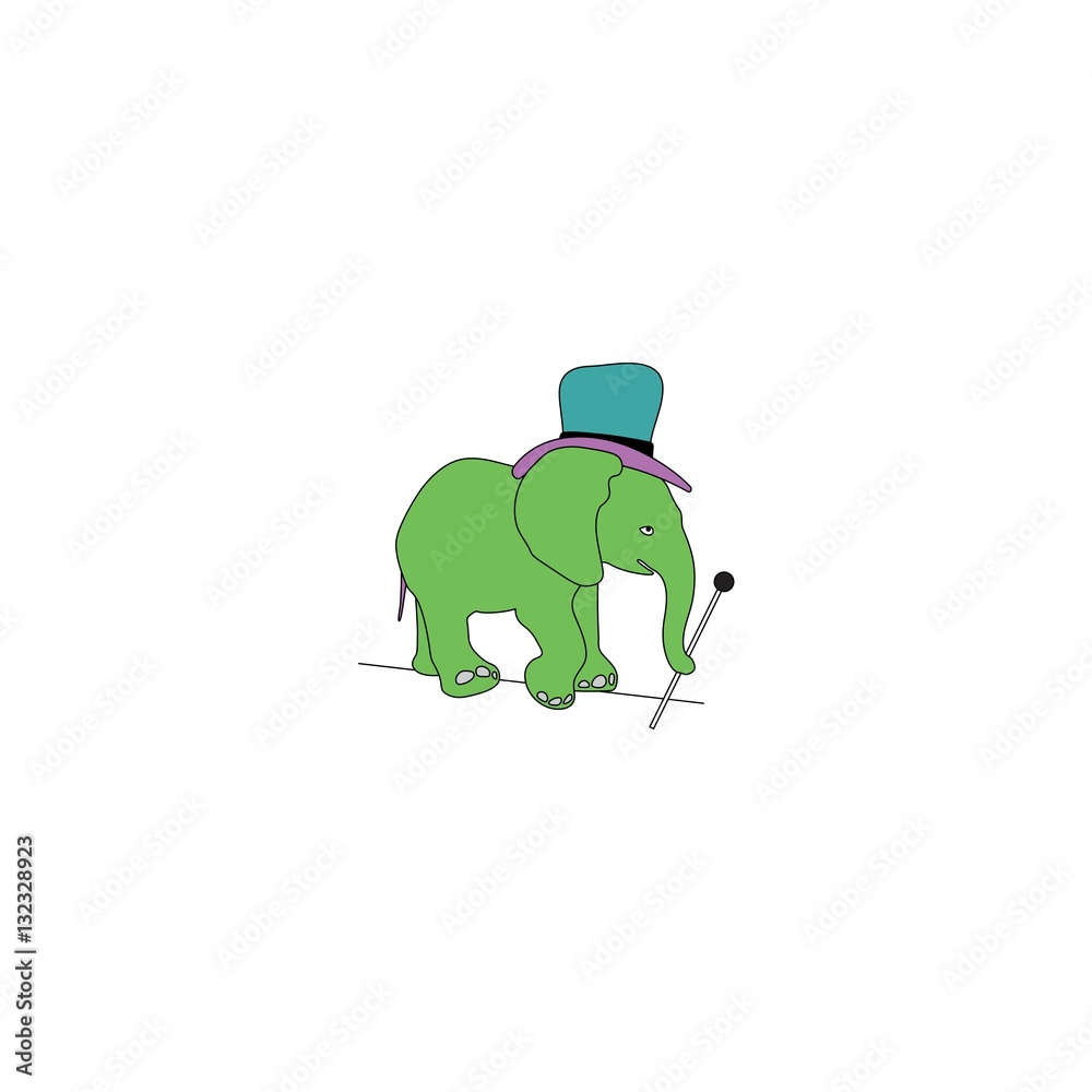 Circus elephant with stick and hat walking on wire Circus elephant with stick and hat walking on wire