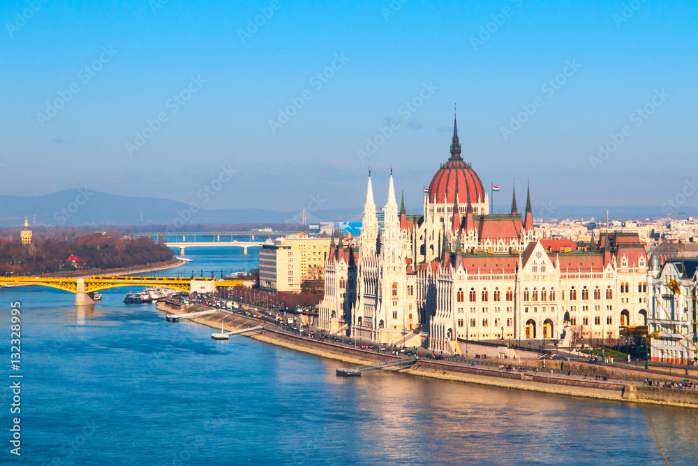 Hungarian Parliament, aka Orszaghaz, historical building on Danube riverbank in the centre of Budapest, Hungary, Europe. UNESCO World Heritage Site. Aerial view from Buda Castle.