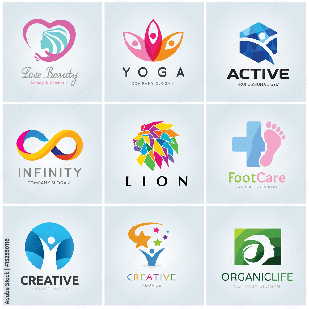 Logo template  collection, Yoga logo, Beauty logo, lion logo, foot care logo, infinity logo template, vector logo set.