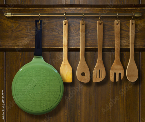 Kitchen brass utensils, chef accessories.
