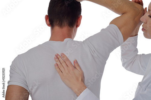 Chiropractic, osteopathy, dorsal manipulation. Therapist doing healing treatment on man's back . Alternative medicine, pain relief concept isolated on white.