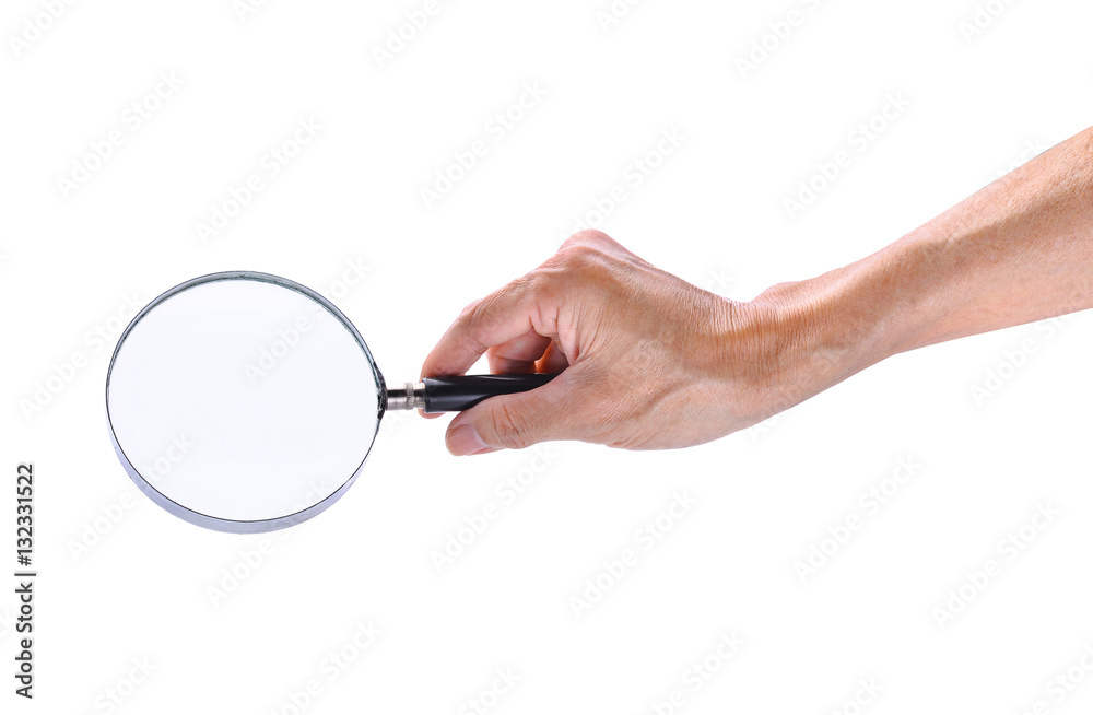 man hand holding magnifying glass isolated on white background man hand holding magnifying glass isolated on white background