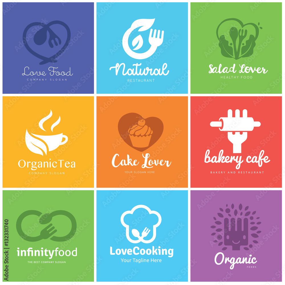 Fototapeta premium Food and beverages logo design set, Love food and cake logo, organic food logo template.