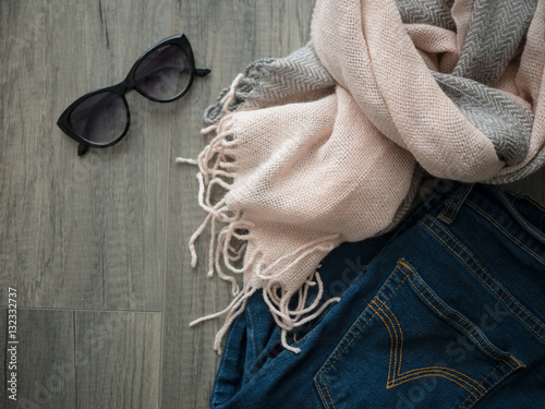 Flat lay of winter cloth with copy space