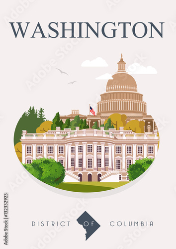 District of Columbia vector american poster. USA travel illustration. United States of America colorful greeting card. Washington DC