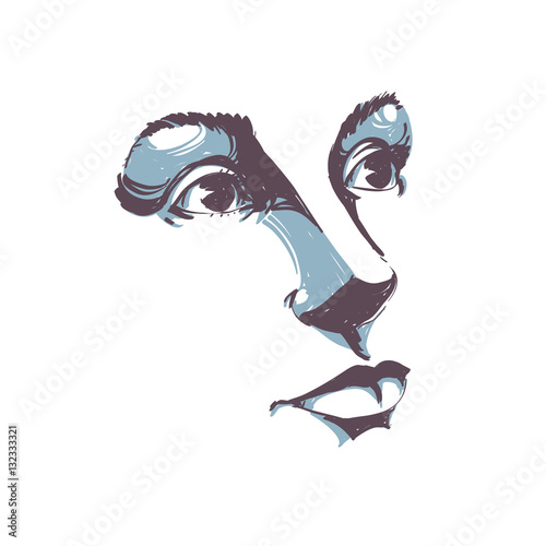 Hand-drawn art portrait of white-skin romantic woman, silhouette