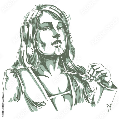 Vector portrait of attractive woman holding her eyeglasses and t