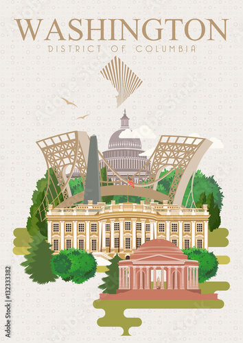 District of Columbia vector american poster. USA travel illustration. United States of America colorful greeting card. Washington DC