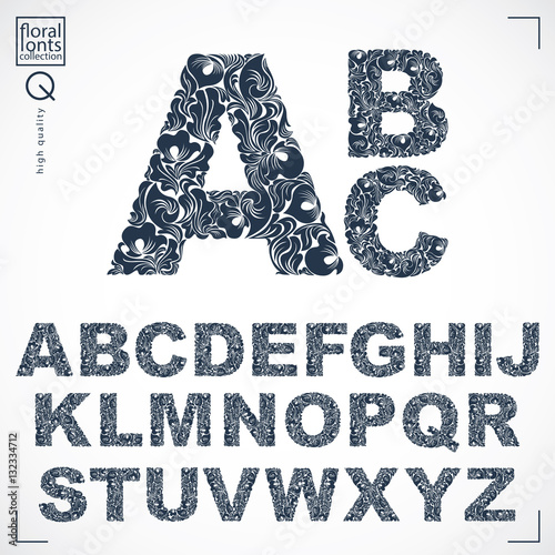 Floral font, hand-drawn vector capital alphabet letters decorate