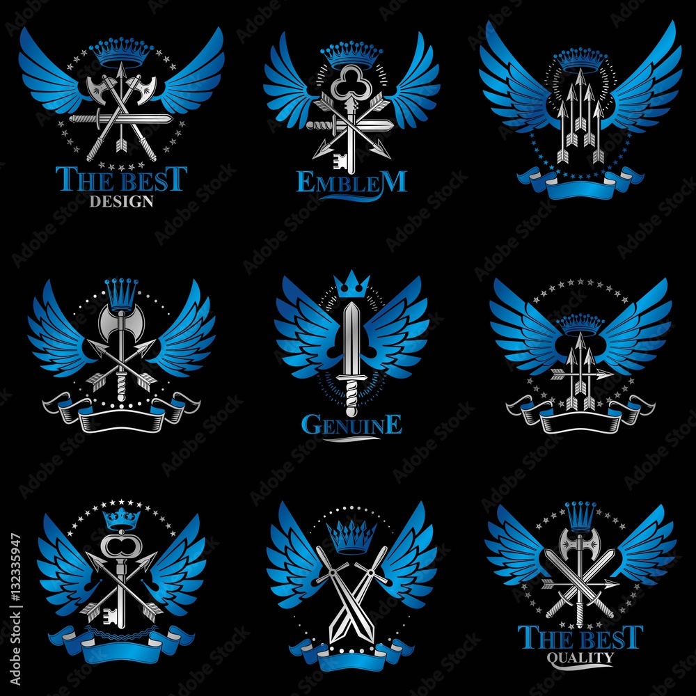 Fototapeta premium Vintage Weapon Emblems set. Heraldic signs vector vintage elemen