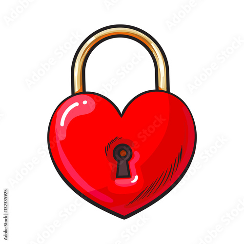 Traditional red heart shaped padlock for love lock unity ceremony, sketch style illustration isolated on white background. Realistic hand drawing of shiny red lock, padlock for wedding ceremony