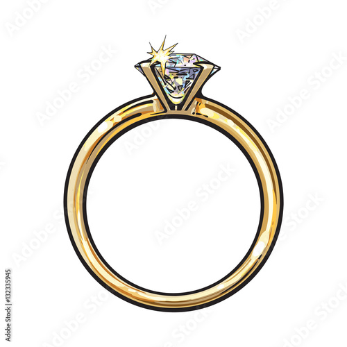 Golden engagement ring with a big shining diamond, sketch style illustration isolated on white background. Realistic hand drawing of traditional marriage, engagement ring with a diamond