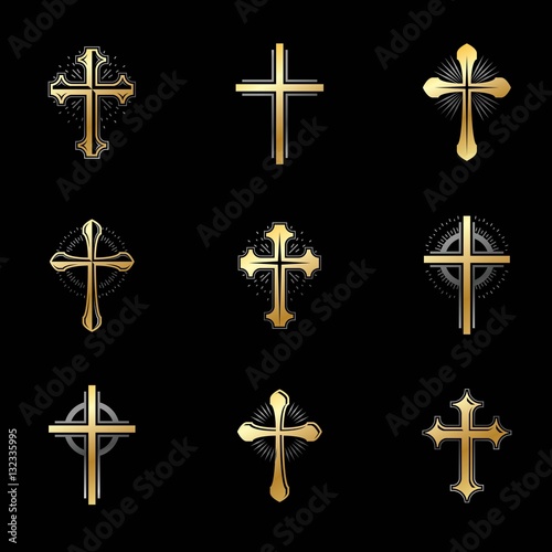 Crosses of Christianity emblems set. Heraldic vector design elem