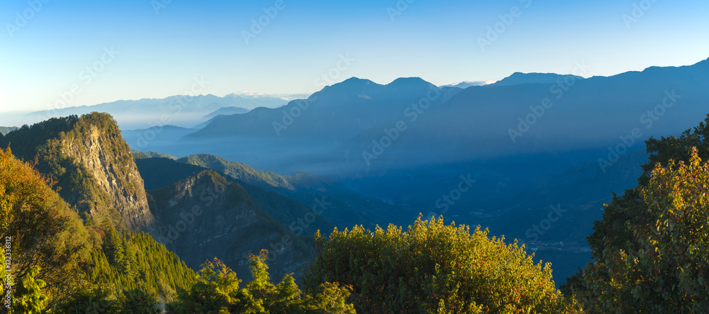 Panorama of Alishan Mountains National Park Scenic Sunrise with