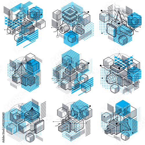 Abstract 3d shapes compositions, vector isometric backgrounds. C