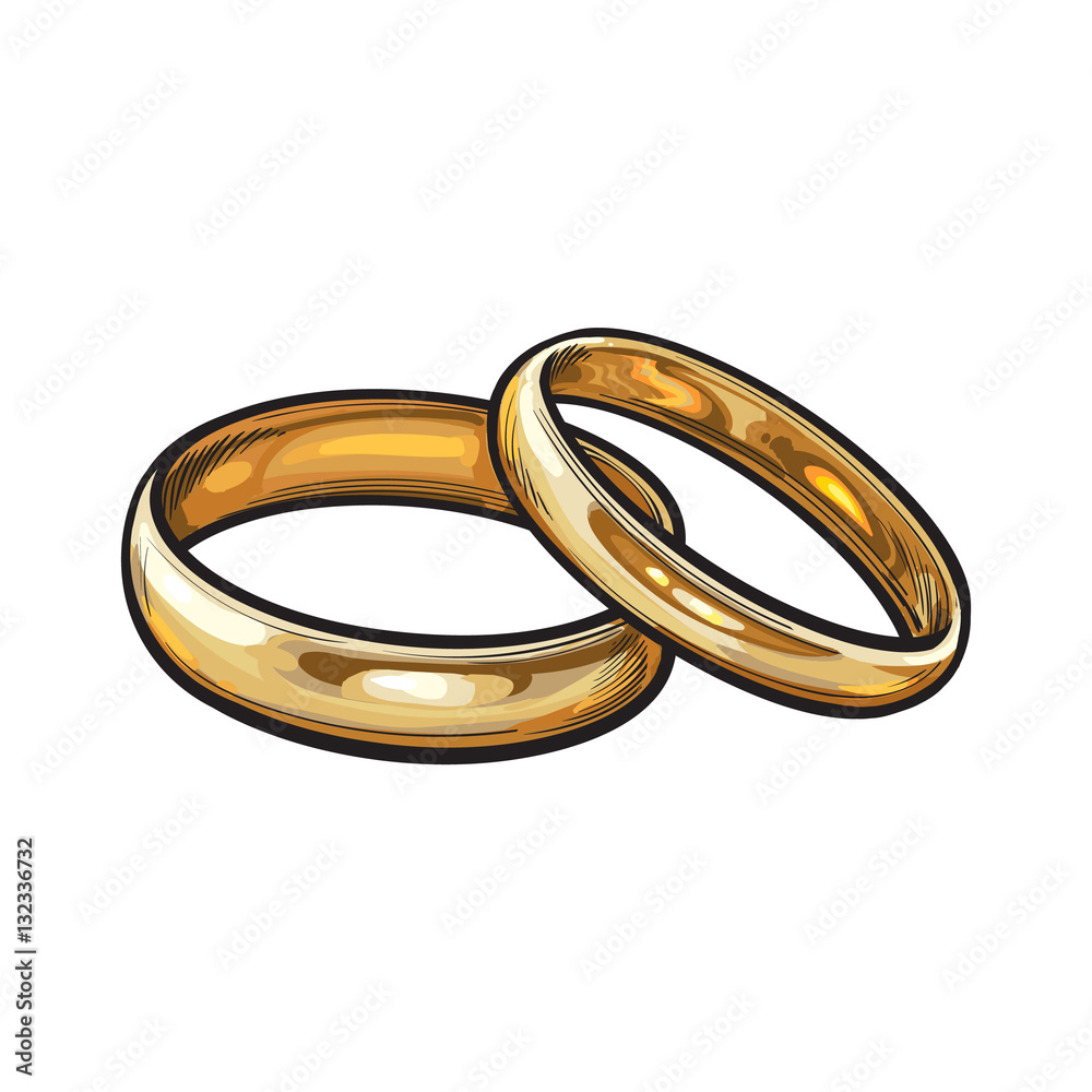 Vector Pair of traditional golden wedding rings. Realistic hand drawing of  rings. Colored version. Symbol of eternal love. Sketch style illustration  isolated on white background. Stock Vector | Adobe Stock