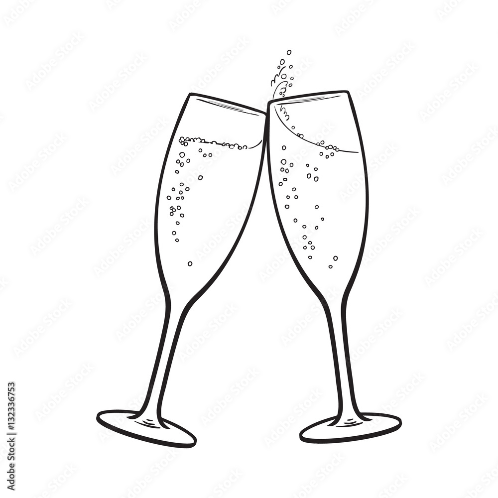 Pair of champagne glasses, set of sketch style vector illustration isolated  on white background. Hand drawn glasses with bubbly champagne, cheers,  holiday toast Stock Vector | Adobe Stock