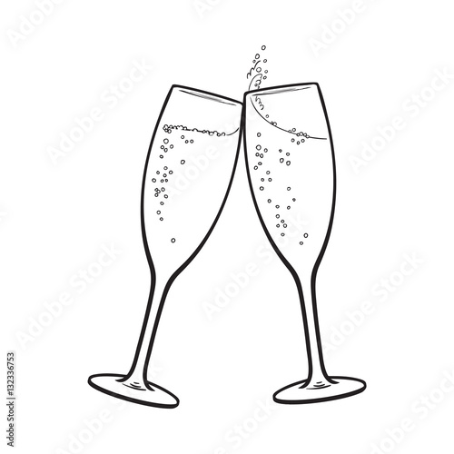 Vászonkép Pair of champagne glasses, set of sketch style vector illustration isolated on white background