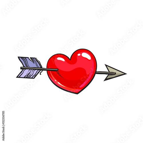 Red shiny cartoon heart pieced by Cupid arrow, sketch style illustration isolated on white background. Heart pierced by arrow, symbol of love, romance and passion, marriage icon