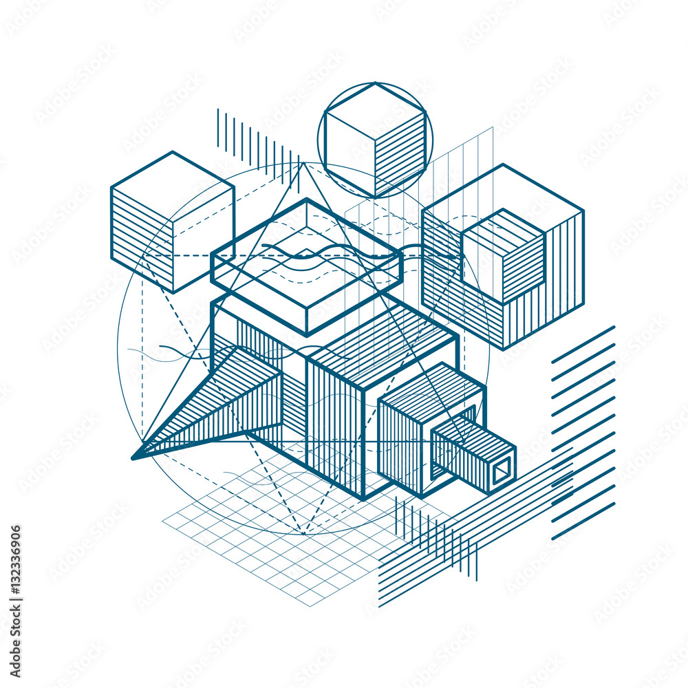 Vector background with abstract isometric lines and figures. Tem