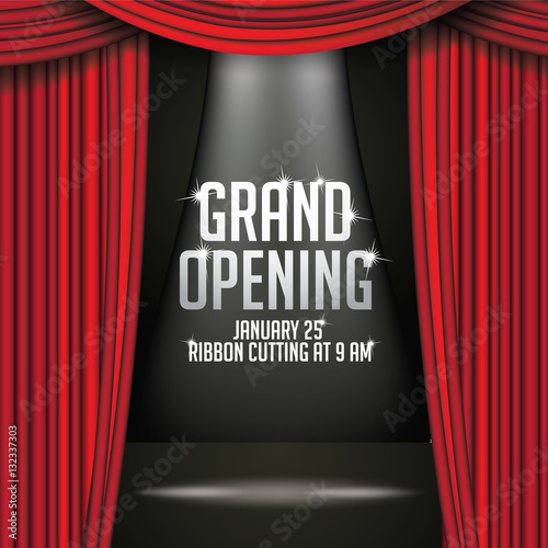 Luxurious red curtains background template. Grand opening announcement with dramatic movie or stage curtains. Open red velvet drapes, spotlight, copy space. EPS 10 vector.
