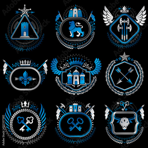 Set of old style heraldry vector emblems  vintage illustrations