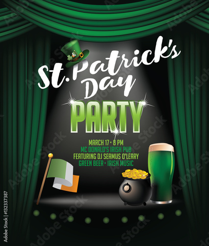 Saint Patricks Day Party poster template. Leprechaun hat, green beer, pot of gold, Irish flag and copy space design. Invitation for St. Patricks celebration at your venue. EPS 10 vector.