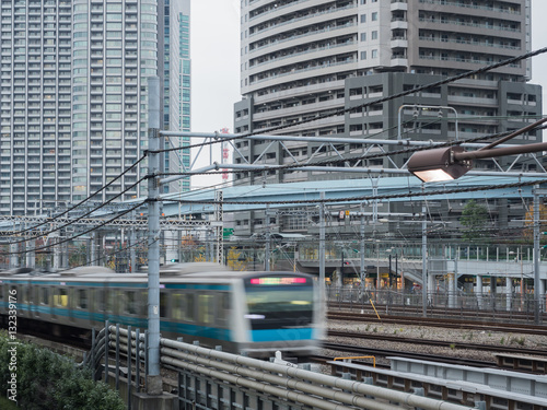 Speed motion train in japan in downtown TOKYO JAPAN