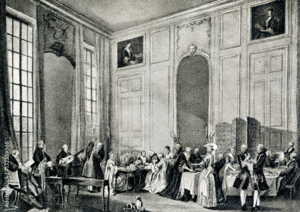 Wolfgang Mozart entertaining the court of Louis François, Prince of Conti in the Four-Mirror Salon of the Palais du Temple (Paris, 1766, by Michel-Barthélémy Olivier) 