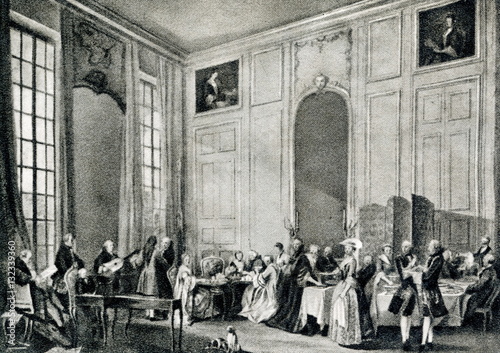 Wolfgang Mozart entertaining the court of Louis François, Prince of Conti in the Four-Mirror Salon of the Palais du Temple (Paris, 1766, by Michel-Barthélémy Olivier) 