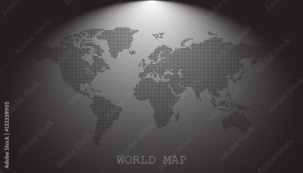 Dotted blank black world map isolated on grey background. World map vector template for website, infographics, design. Flat earth world map with round dots illustration. Dotted blank black world map isolated on grey background. World map vector template for website, infographics, design. Flat earth world map with round dots illustration.