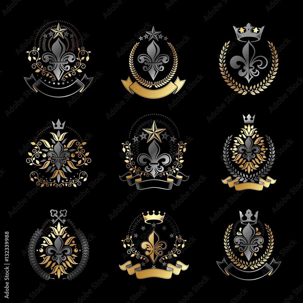 Lily Flowers Royal symbols emblems set. Heraldic Coat of Arms de