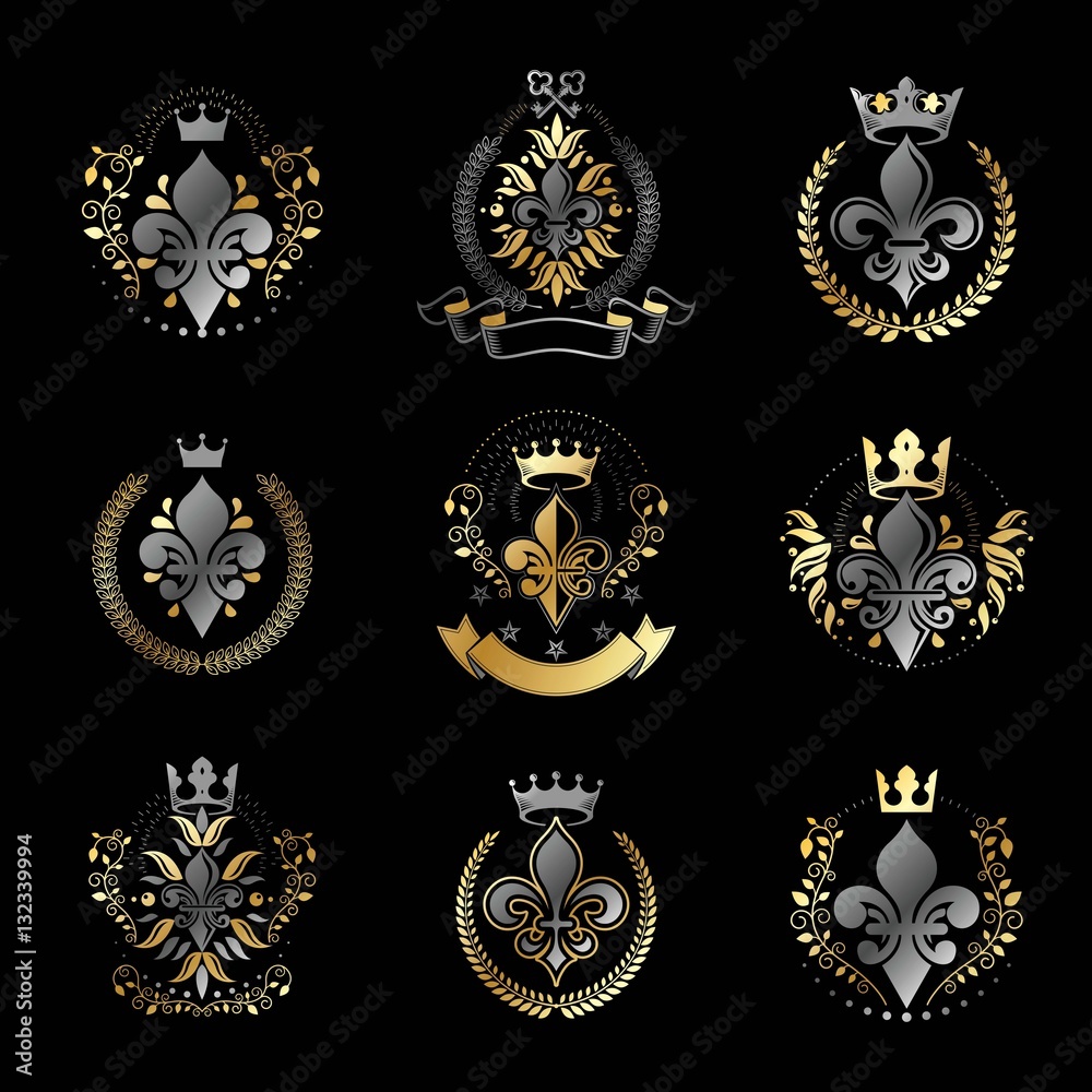 Royal symbols Lily Flowers emblems set. Heraldic vector design e