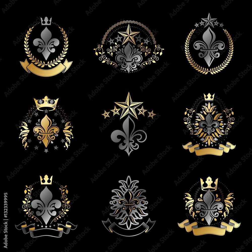 Royal symbols Lily Flowers emblems set. Heraldic vector design e