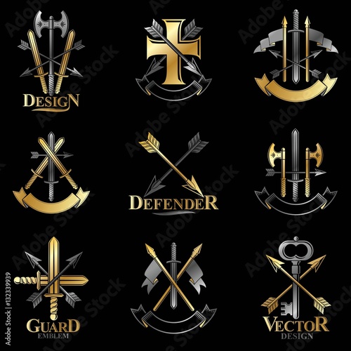 Vintage Weapon Emblems set. Heraldic Coat of Arms decorative emb
