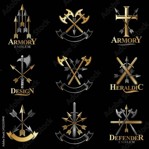 Vintage Weapon Emblems set. Heraldic Coat of Arms decorative emb