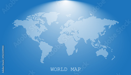 Dotted blank white world map isolated on blue background. World map vector template for website, infographics, design. Flat earth world map with round dots illustration.