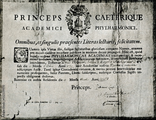 Diploma for Mozart's admission in Accademia Filarmonica di Bologna, 1770 photo