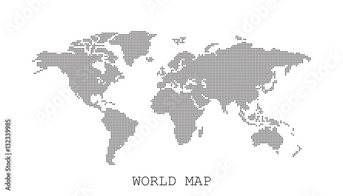 Dotted blank black world map isolated on white background. World map vector template for website  infographics  design. Flat earth world map with round dots illustration.