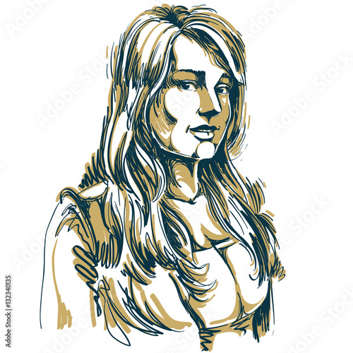 Hand-drawn vector illustration of beautiful romantic woman. Mono