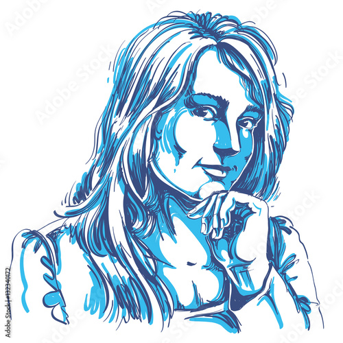Vector art drawing, portrait of gorgeous flirting girl isolated