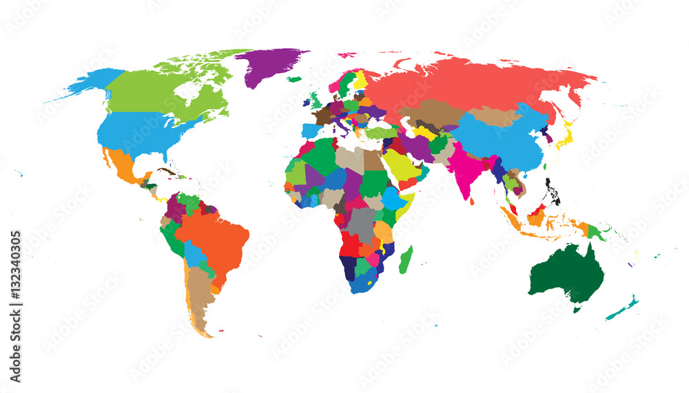 Fototapeta premium Pusta kolorowa polityczna światowa mapa odizolowywająca na białym tle. Szablon wektor mapa świata na stronie internetowej, infografiki, projekt. Płaska mapa świata ziemi ilustracja.