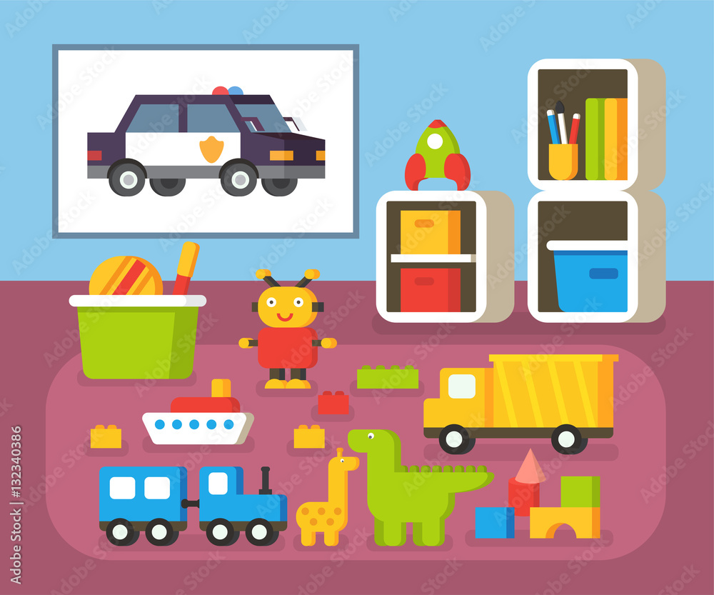 Boys room kindergarten. Nursery interioir. Flat design vector illustration