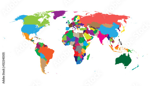 Blank colorful political world map isolated on white background. World map vector template for website, infographics, design. Flat earth world map illustration.
