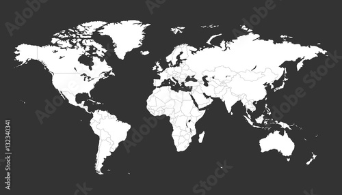 Blank white political world map isolated on black background. Worldmap Vector template for website  infographics  design. Flat earth world map illustration.