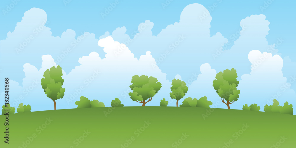 A cartoon backdrop landscape of a green field and trees with distant clouds in summer.